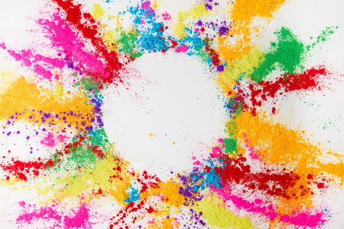 Preview: circle frame of multicolored traditional powder, isolated on white, holi festival