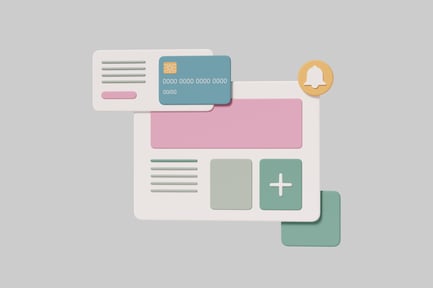 Preview: Graphic design with credit card, notification bell, and plus sign