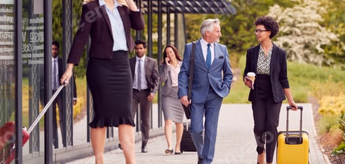 Preview: Group Of Business Delegates With Luggage Arriving At Conference Hotel