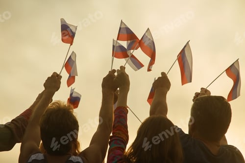 Preview: Enthusiastic crowd waves flags against bright sky