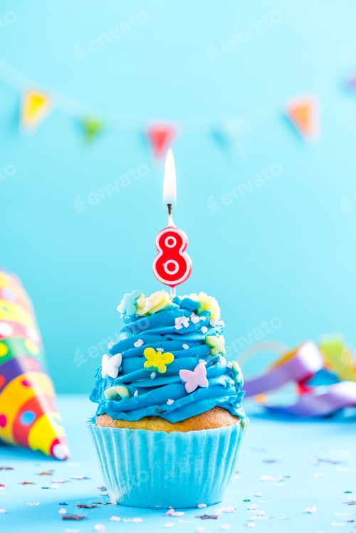 Preview: Eighth 8th birthday cupcake with candle. Card mockup.