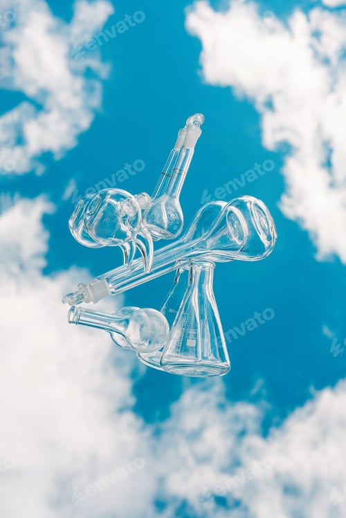 Preview: Various laboratory glassware on a mirror background with sky reflection