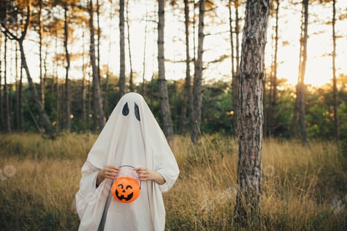 Preview: Girl wearing ghost costume holding pumpkin bucket with candies, standing in a forest.