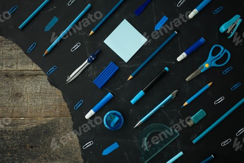 Preview: Back to school, stationery in blue on the background of the school board and wood background.