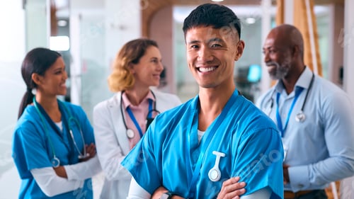 Preview: Portrait Of Smiling Multi Cultural Medical Team Wearing Scrubs And White Coats In Modern Hospital