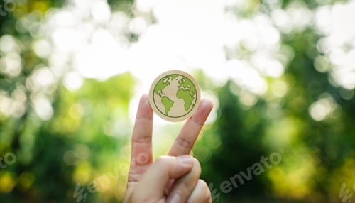 Preview: World environment day.Globe on a circle wooden board on Two fingers up green bokeh background
