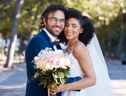 Preview: Wedding portrait and flowers of couple with hug at romantic outdoor marriage event celebration toge