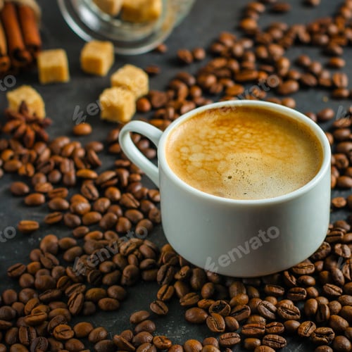 Preview: Coffee Fresh And Hot In A White Cup, Aroma. Serving Of Beverage (Coffee Grain). Food. Top View