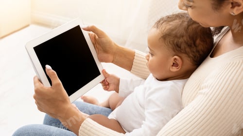 Preview: African Mom With Toddler Baby Using Tablet Indoor, Mockup, Side-View