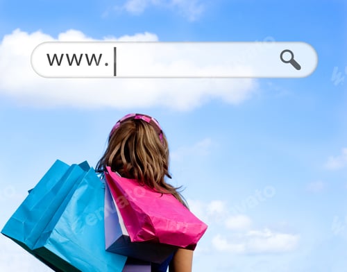 Preview: Girl Holding Shopping Bags With Address Bar Above Against A Blue Sky