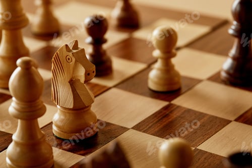 Preview: selective focus of chess on wooden chess board