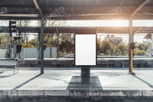 Visualização: Cartaz em branco em uma estação ferroviária, maquete ideal para anúncios