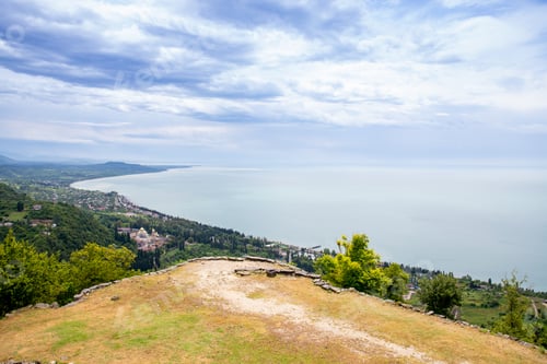 Preview: Summer sea coast top panorama view. The village on shore .Beautiful sea coastline panorama.fantastic