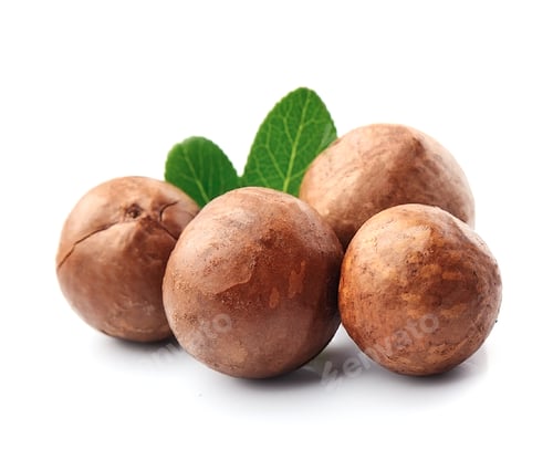 Preview: Macadamia Nuts With Leaves on White Background