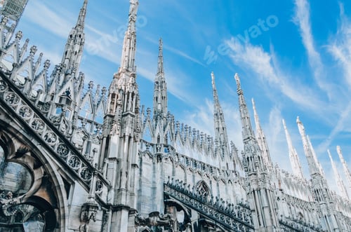 Preview: Spiers and sculptures on the roof of Duomo Cathedral in Milan Italy