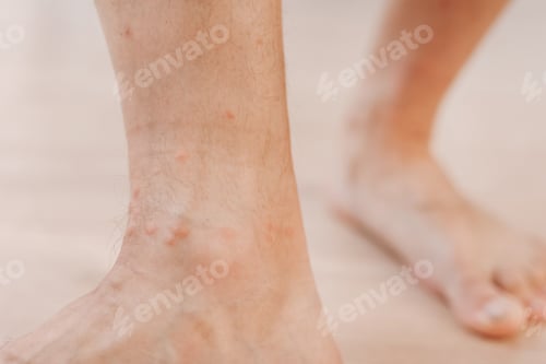 Preview: Close up allergic rash dermatitis eczema on man foot. Leg with red rash caused by insect bites.