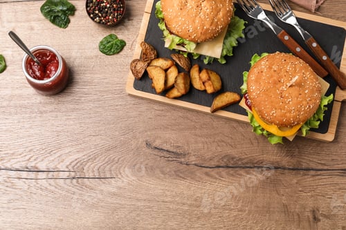 Preview: Flat lay composition with tasty hamburgers on wooden background. Space for text