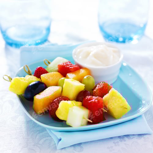 Preview: Colorful Fruit Kabobs with Yogurt Dip on Plate