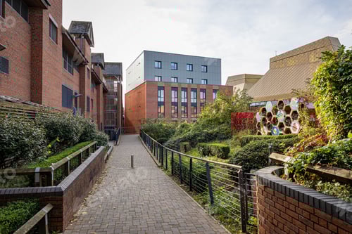 Visualização: Caminho de jardim urbano com arquitetura moderna.