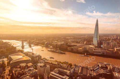 Preview: Sunny view of Thames river, Tower bridge, London tower and the Shard, City of London, UK