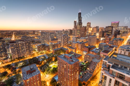 Preview: Chicago, Illinois, USA aerial cityscape towards Lake Michigan