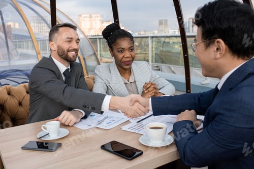 Preview: Two intercultural successful businessmen shaking hands over table