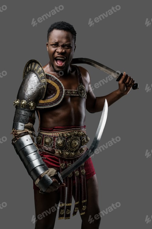 Preview: Furious black gladiator with dual swords against gray background