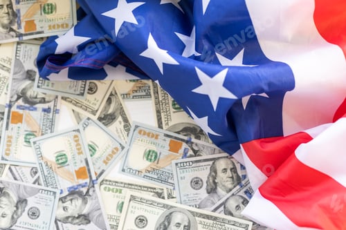 Preview: American flag and banknotes USD currency money.