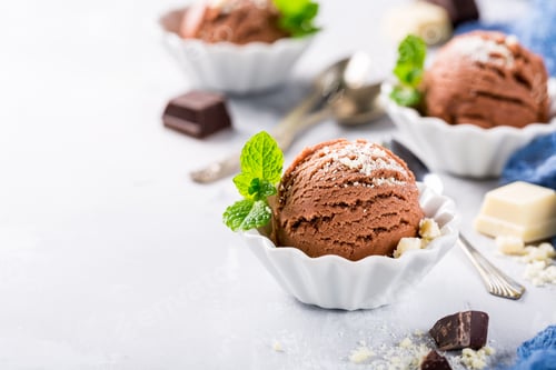 Preview: Chocolate ice cream in white bowl.