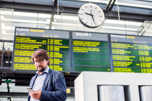 Preview: Man checking smartphone at train station with departure board in the background