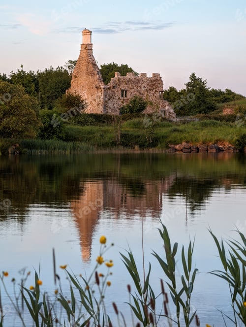 Preview: Terryland castle reflected in Corrib river at Galway city, Ireland, historical landmark background,