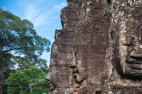 Preview: Stone face of Ancient Bayon Temple at Angkor Thom. Siem Reap, Cambodia