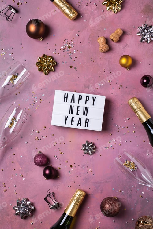 Preview: Happy New Year greeting card, champagne glasses and bottles, confetti
