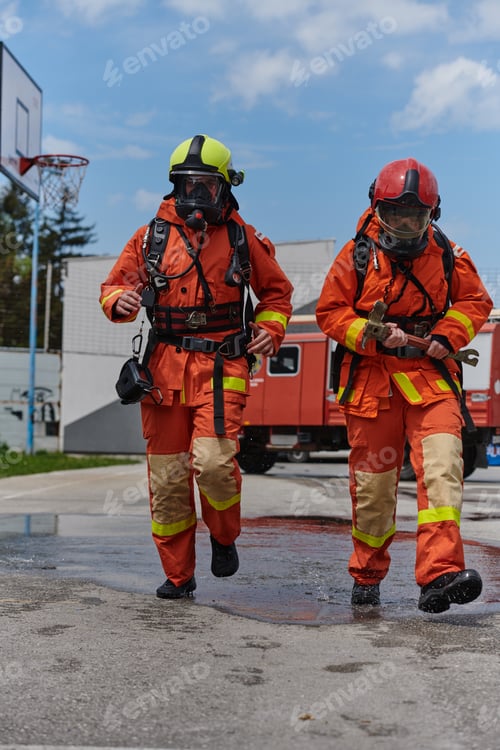 Preview: A team of confident and accomplished firefighters strides purposefully in their uniforms, exuding