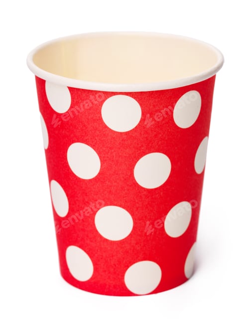 Preview: Group of cardboard disposable red dotted cups isolated