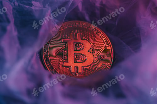 Preview: Bitcoin coin under neon on textured surface. Photo for presentation and news.