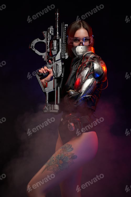 Preview: Attractive woman poses in dark background hiding her face