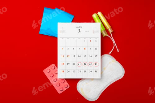 Preview: Menstruation calendar with sanitary pads and tampons, pills