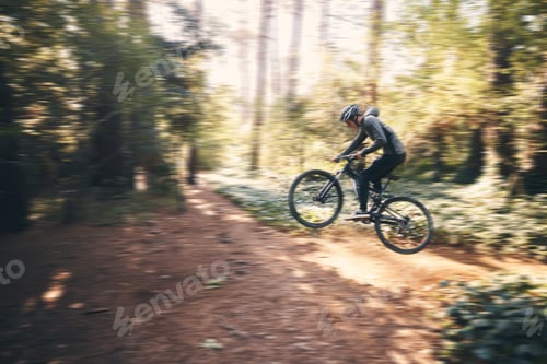 Preview: Cycling, jump and fast with man in nature for adventure, fitness and extreme sports. Workout, exerc