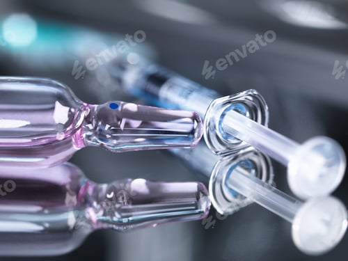 Preview: Glass vial of medicine and syringe on surgical tray, close-up