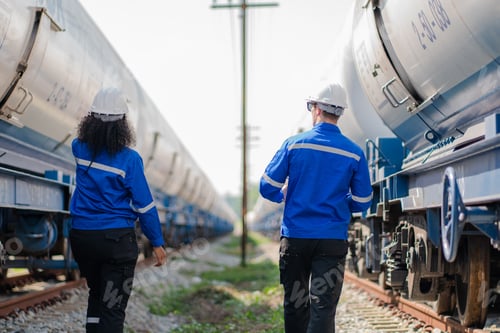 Preview: Team of engineer railway wearing safety uniform and helmet under checking train.