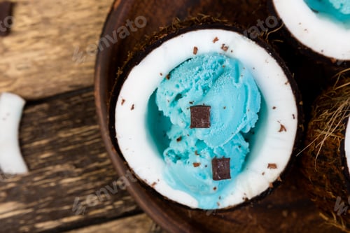 Preview: Blue ice cream in coconut bowl.