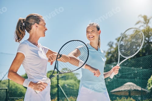 Preview: Tennis, women and sports elbow greeting outdoor on court for fitness exercise and training for comp