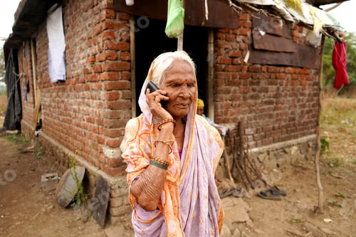 Preview: Senior Indian rural woman talking on phone