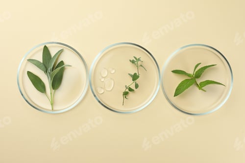 Preview: Flat lay composition with Petri dishes and plants on beige background
