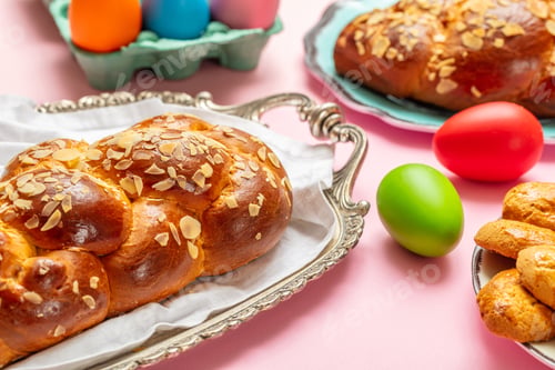 Preview: Easter eggs and tsoureki braid, greek easter sweet bread, on pink color background