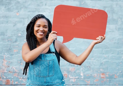 Preview: Girl with speech bubble for social media communication, conversation or web chat on online app. Con