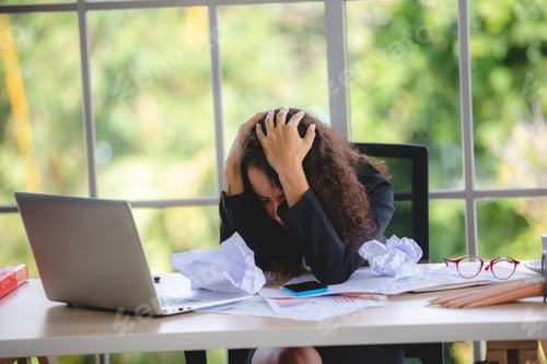 Preview: African American business woman with a problem from work, unhappy emotional concept
