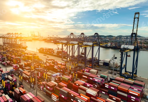 Preview: Logistics and transportation of container cargo ship at ship port. Container truck and crane bridge