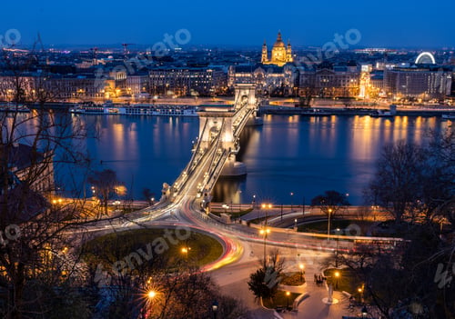 Preview: Traffic Light Trails Over The Szechenyl ( 'Chain' ) Bridge In Budapest, Hungary At Night